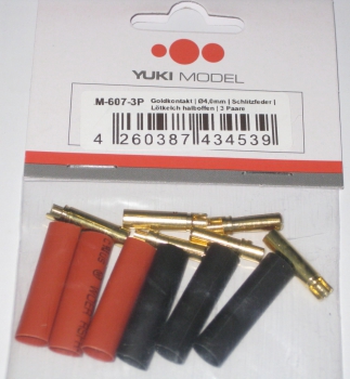 Preview: 4mm Goldkontakte Stecker mit Schlitzfeder Lötkelch halboffen mit Schrumpfschlauch VE = 3 Paar