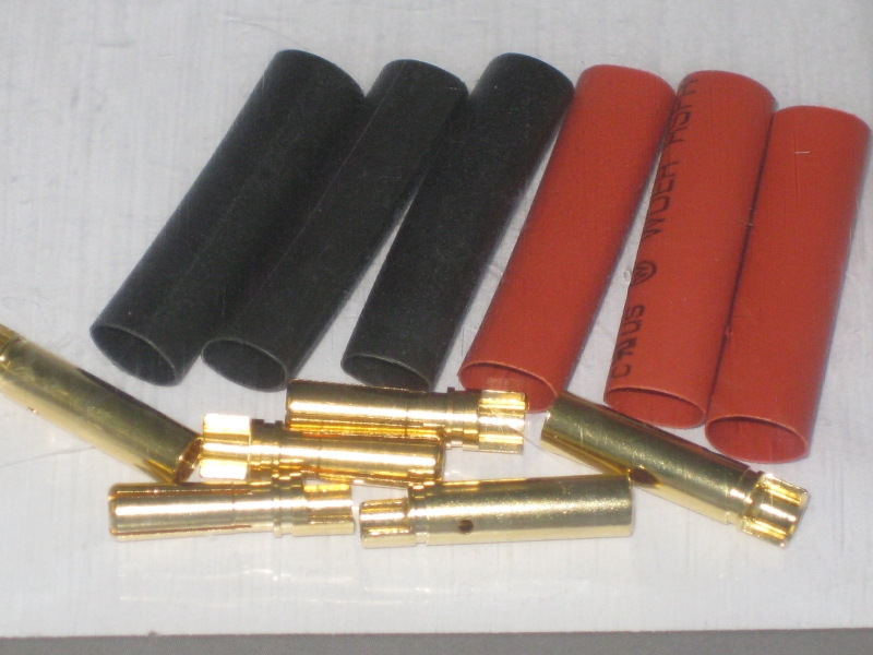 4mm Goldkontakte Stecker mit Schlitzfeder Lötkelch halboffen mit Schrumpfschlauch VE = 3 Paar