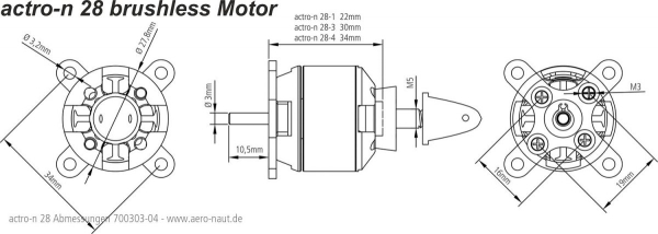 actro-n brushless AL 2834-880KV mit Ø 4mm Welle für 2-4S Lipo Aeronaut 700304