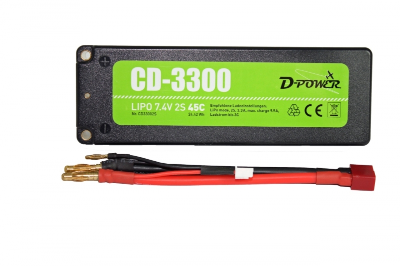 D-Power CD-3300/2S Lipo 7.4V 2S 45C mit T-Stecker Hardcase für RC Cars