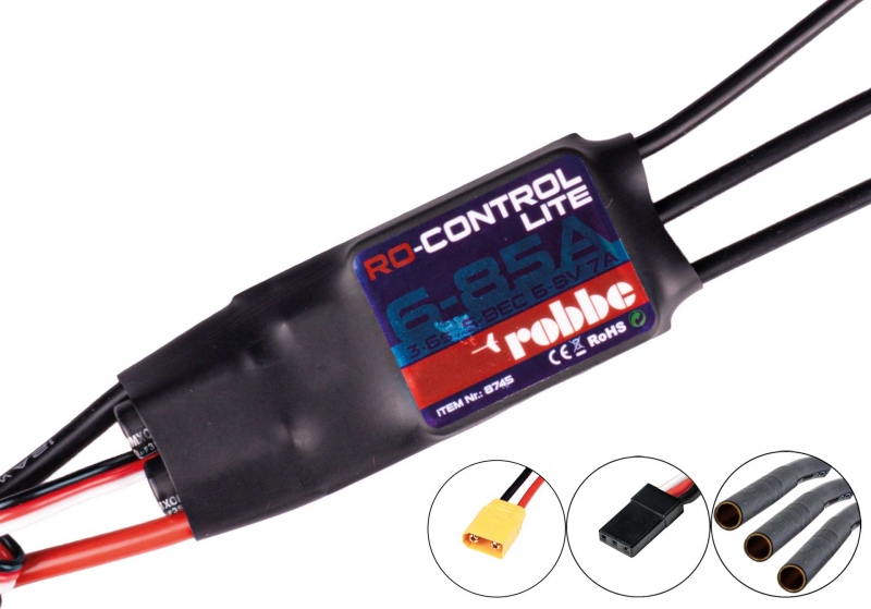 Robbe Modellsport RO-CONTROL 6-85A LITE 3-6S Lipo(max.100A) (6)8V 7A S-BEC XT-90 Stecker u. 3,5mm Goldkontakte motorseits